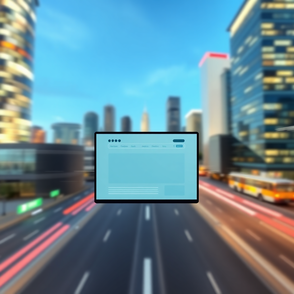 A time-lapse illustration showing a blank website transforming into a fully functional website in a matter of seconds. The background is a blurred cityscape representing the fast-paced online world. The image should convey speed and efficiency. Technical specs: Animated GIF or short video clip, 4K resolution.