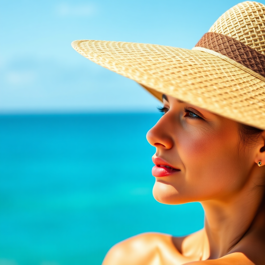A woman wearing a wide-brimmed hat, protecting her face from the sun, while showcasing her beautiful tan. The background is a bright blue sky and ocean. High quality, focus on skin texture.