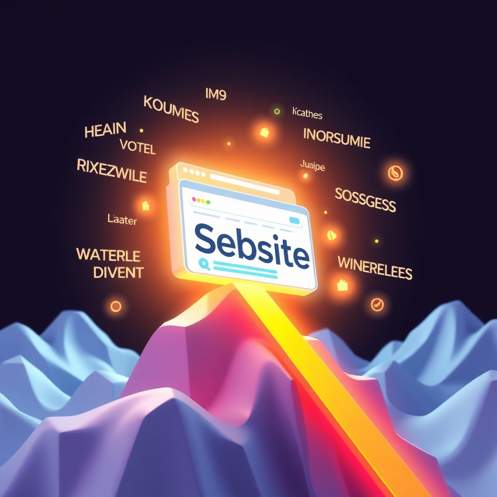 An image depicting a website climbing to the top of search engine results pages. The website is surrounded by glowing keywords and optimization elements. The color palette is vibrant and energetic. Technical specs: 4K resolution.