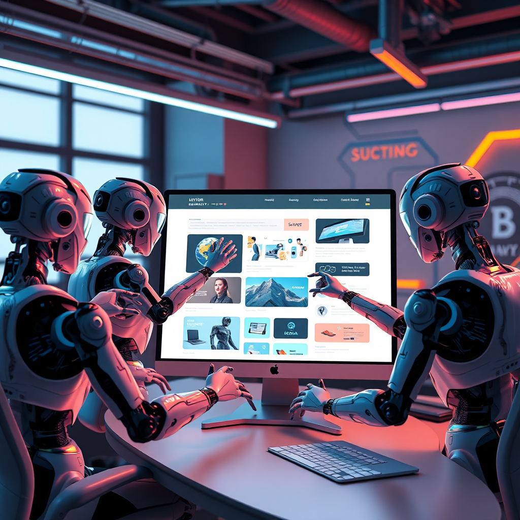 An image of a team of AI avatars collaborating to design a custom website. The AI avatars are interacting with a digital canvas displaying various design elements. The setting is a futuristic design studio. Technical specs: 4K resolution.