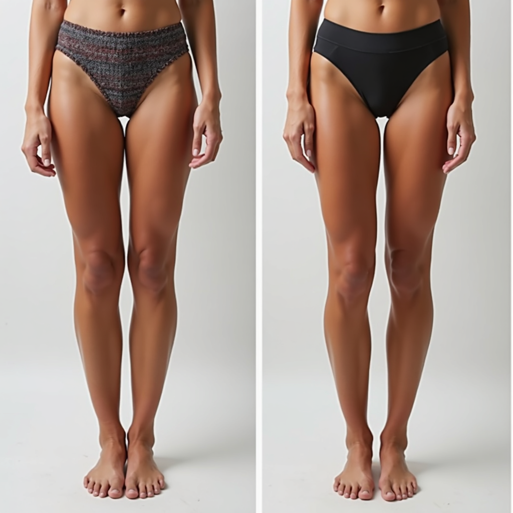 Close-up of a woman's leg, subtly flexed to show muscle definition and smooth skin texture. The lighting is dramatic, highlighting the contours of her leg.