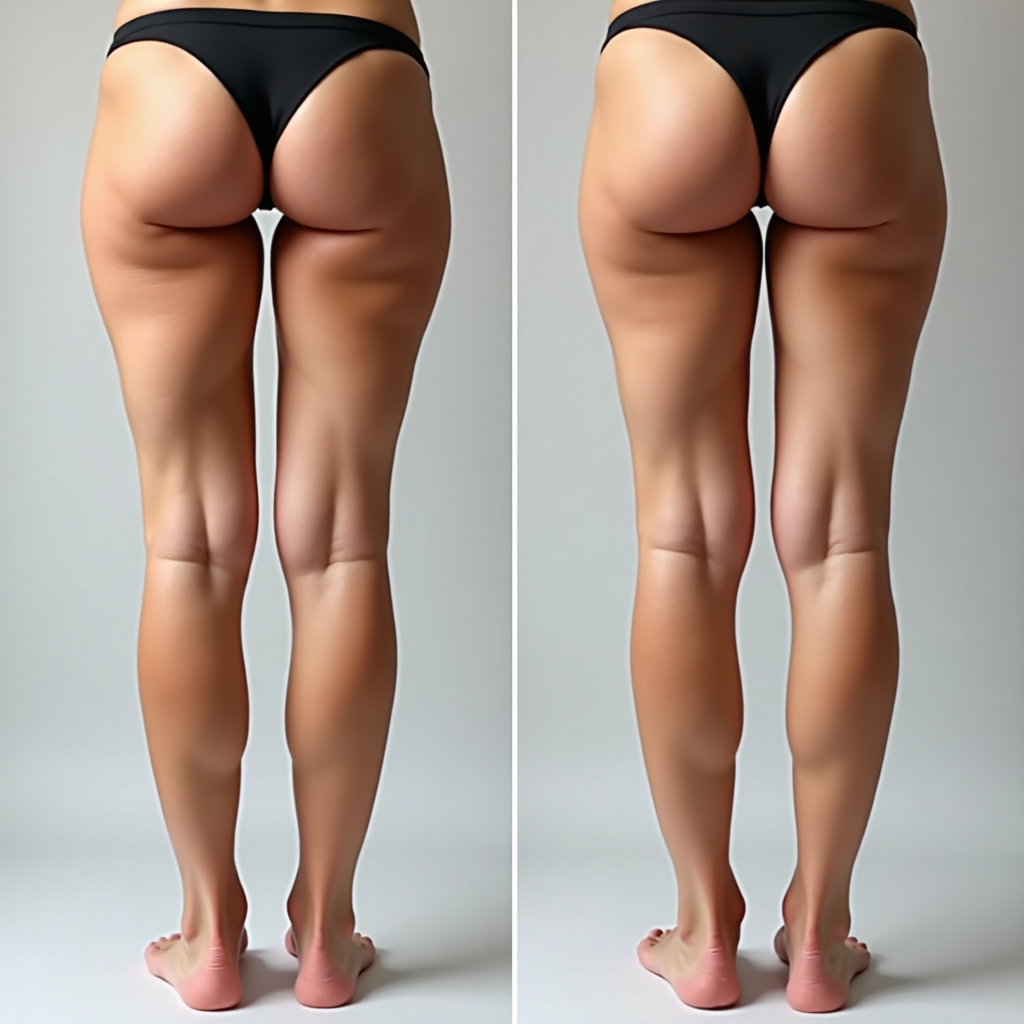 Before and after shot of a woman's legs showcasing the instant transformation after applying the self-tanner. Highlighting the reduction of cellulite and the even skin tone.