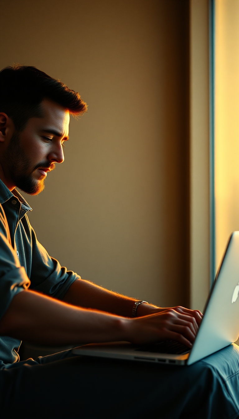 An image showcasing a person enthusiastically writing content for their website. The background is blurred to emphasize the person's focus on content creation. The scene should evoke creativity and passion. The color palette is warm and inviting. Technical specs: 4K resolution, shallow depth of field.