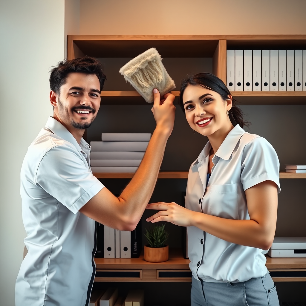 Cleaning professional organizing a home office shelf