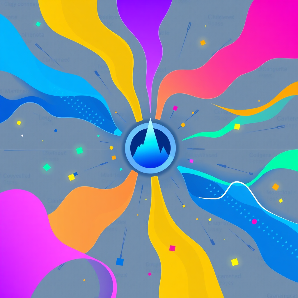 Create a dynamic data visualization representing data streams converging into actionable insights. Use vibrant colors to represent different data points, with a central focal point highlighting a key insight or trend. The background is a subtle, abstract pattern. Style: Modern, abstract, data-driven. Colors: Blues, purples, and greens with contrasting accents.