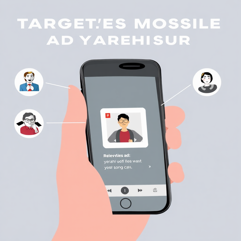 Create a visual representation of targeted mobile advertising. Show a smartphone displaying a relevant ad to a specific user persona. The ad is seamlessly integrated into the user's mobile experience. Style: Modern, targeted, effective. Colors: Vary based on the product/service being advertised.
