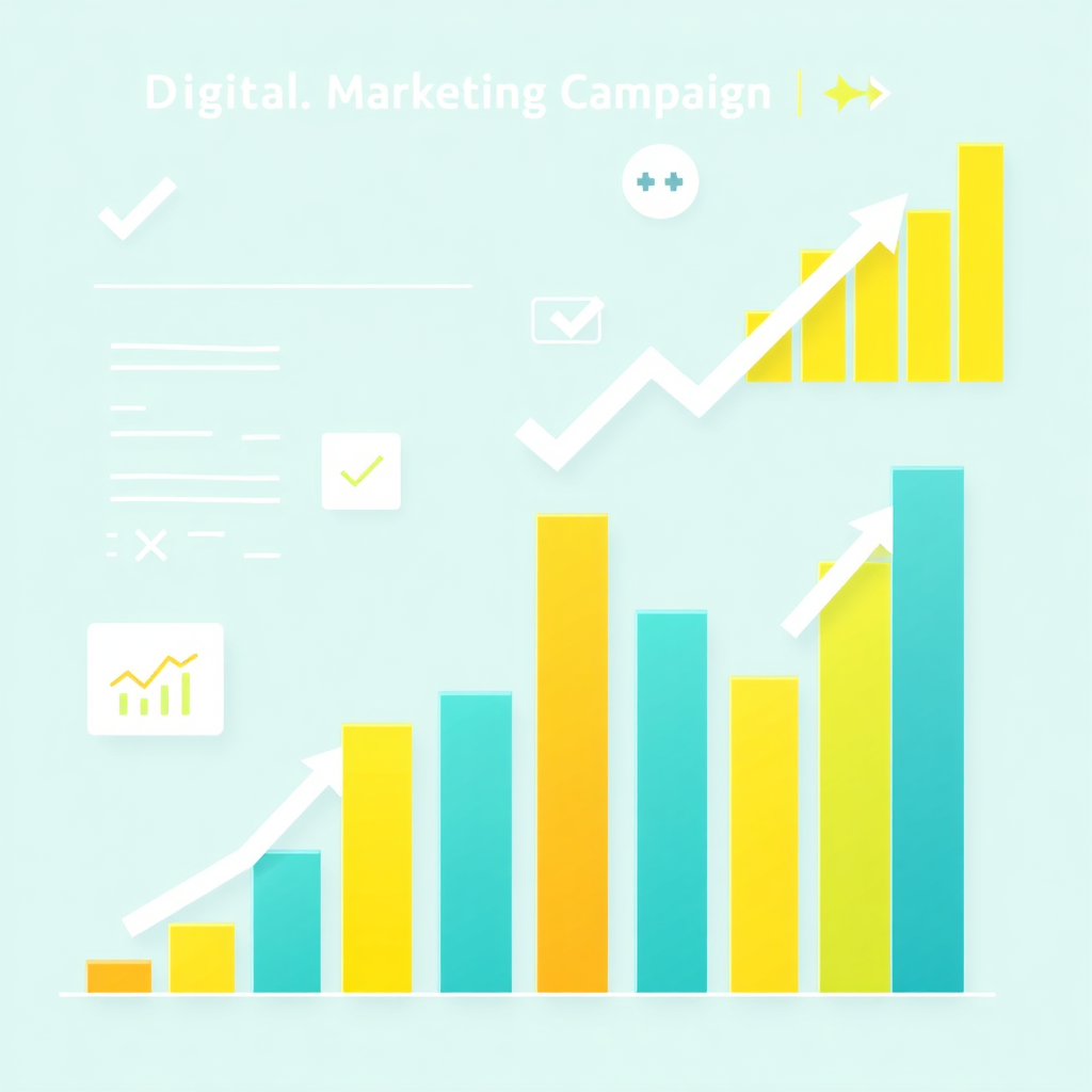 Depict a set of ascending bar graphs and charts, representing the growth and success of a digital marketing campaign. Overlay the graphs with checkmarks and success indicators. Use a clean, modern design with a bright, optimistic color palette. Style: Clean, professional, success-oriented. Colors: Greens, blues, and yellows with white accents.