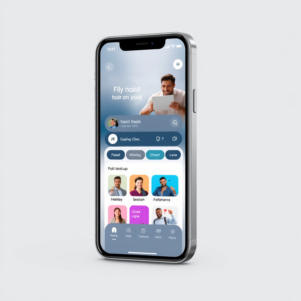 Depict a sleek, modern smartphone with a visually appealing app interface. The app is seamlessly integrated into the user's daily life. Use a clean, minimalist design with a focus on usability. Style: Modern, minimalist, user-friendly. Colors: Blues, whites, and grays with pops of color.