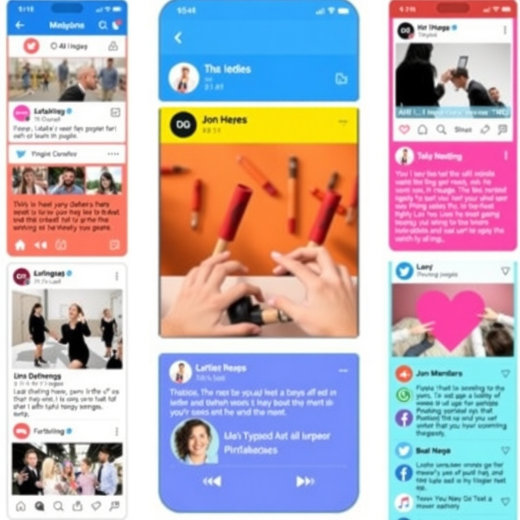 Depict a vibrant and engaging social media feed with diverse content formats (images, videos, text). Show active engagement from users (likes, comments, shares). Use a modern, visually appealing design. Style: Dynamic, engaging, social. Colors: Vary based on the social media platforms being represented.