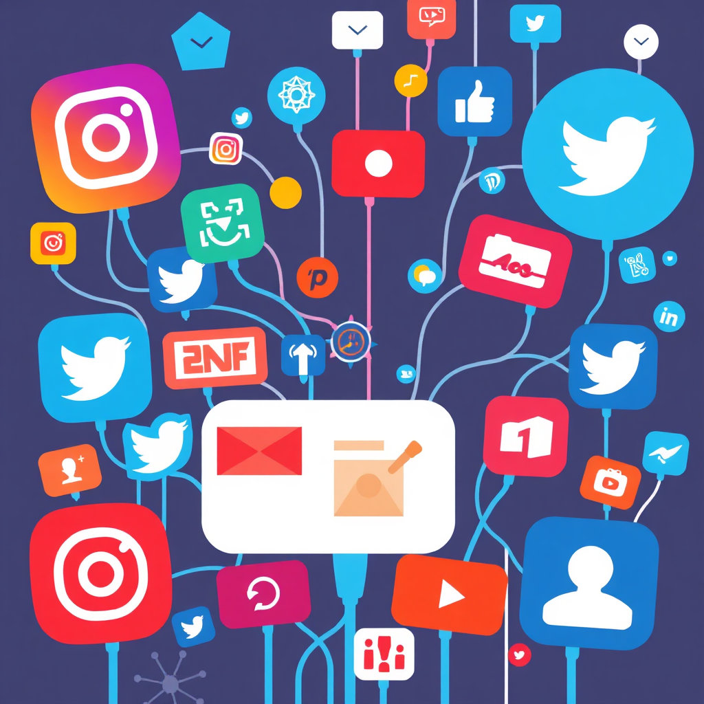 Depict various social media platforms interconnected, showcasing diverse content and engagement. Style: Vibrant, dynamic, connected. Colors: Varied, reflecting different social media platforms.
