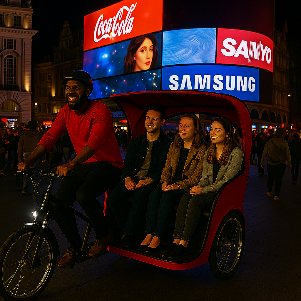 A photorealistic image showcasing a beautifully decorated rickshaw parked in front of Buckingham Palace. The rickshaw is clean, vibrant, and inviting, with tourists eagerly climbing aboard. The sky is clear blue, enhancing the vibrant colors. Capture the excitement and anticipation of the tourists as they begin their London adventure. The image should be framed to include the palace's iconic architecture, emphasizing the historical significance of the location. Style: Travel photography with a focus on capturing genuine emotions and the beauty of London.