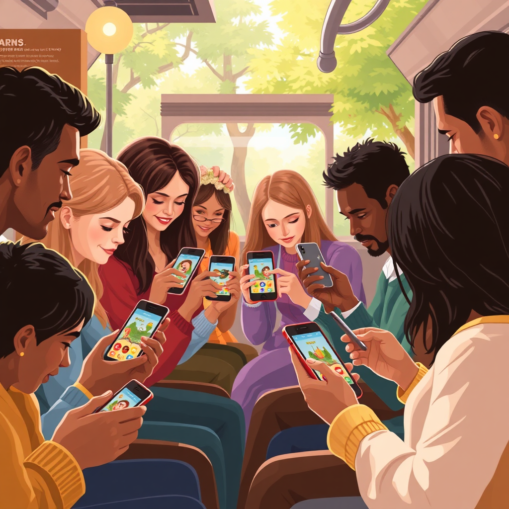 Visualize a diverse group of people interacting with their smartphones in various scenarios (coffee shop, park, train). The smartphones display engaging content and interactive elements. Focus on creating a sense of connection and community. Style: Realistic, relatable, engaging. Colors: Warm and inviting with a focus on natural light.