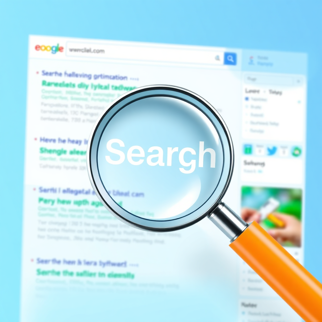 Visualize a magnifying glass hovering over a search engine results page, highlighting a website that is ranking highly for relevant keywords. Use a clean, modern design with a focus on search engine optimization. Style: Clean, focused, optimized. Colors: Blues, greens, and whites.