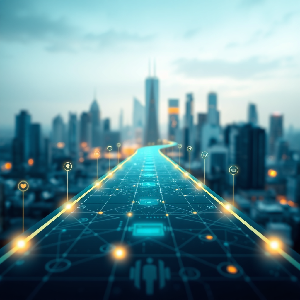 Visualize a strategic roadmap leading to a digital city skyline. The roadmap is composed of data points, analytics dashboards, and interconnected devices. Bright, focused lighting emphasizes the path forward. The background is a soft, blurred cityscape. Style: Modern, clean, strategic. Colors: Blues, greens, and grays with highlights of gold.