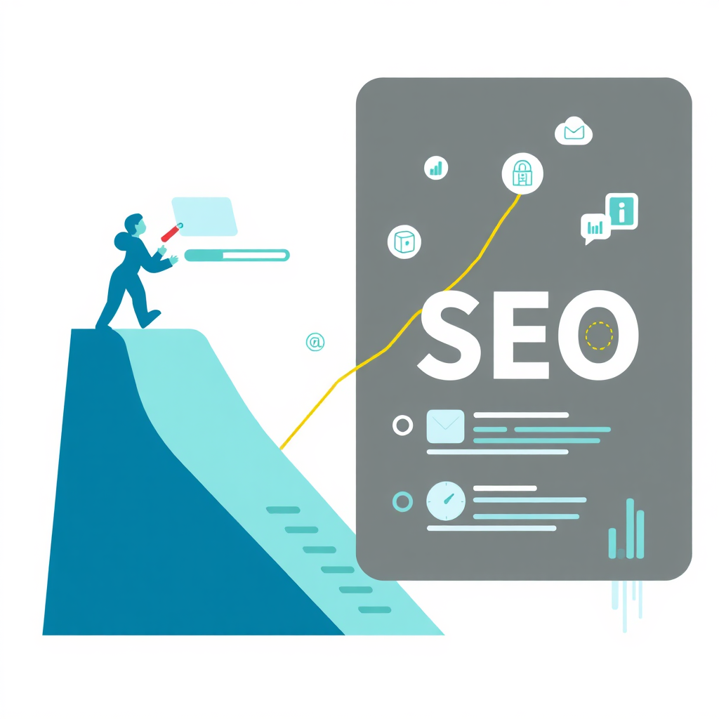 Visualize a website climbing to the top of search engine results. Use a clean, modern design with SEO-related icons. Style: Clean, modern, achievement-focused. Colors: Greens and blues.