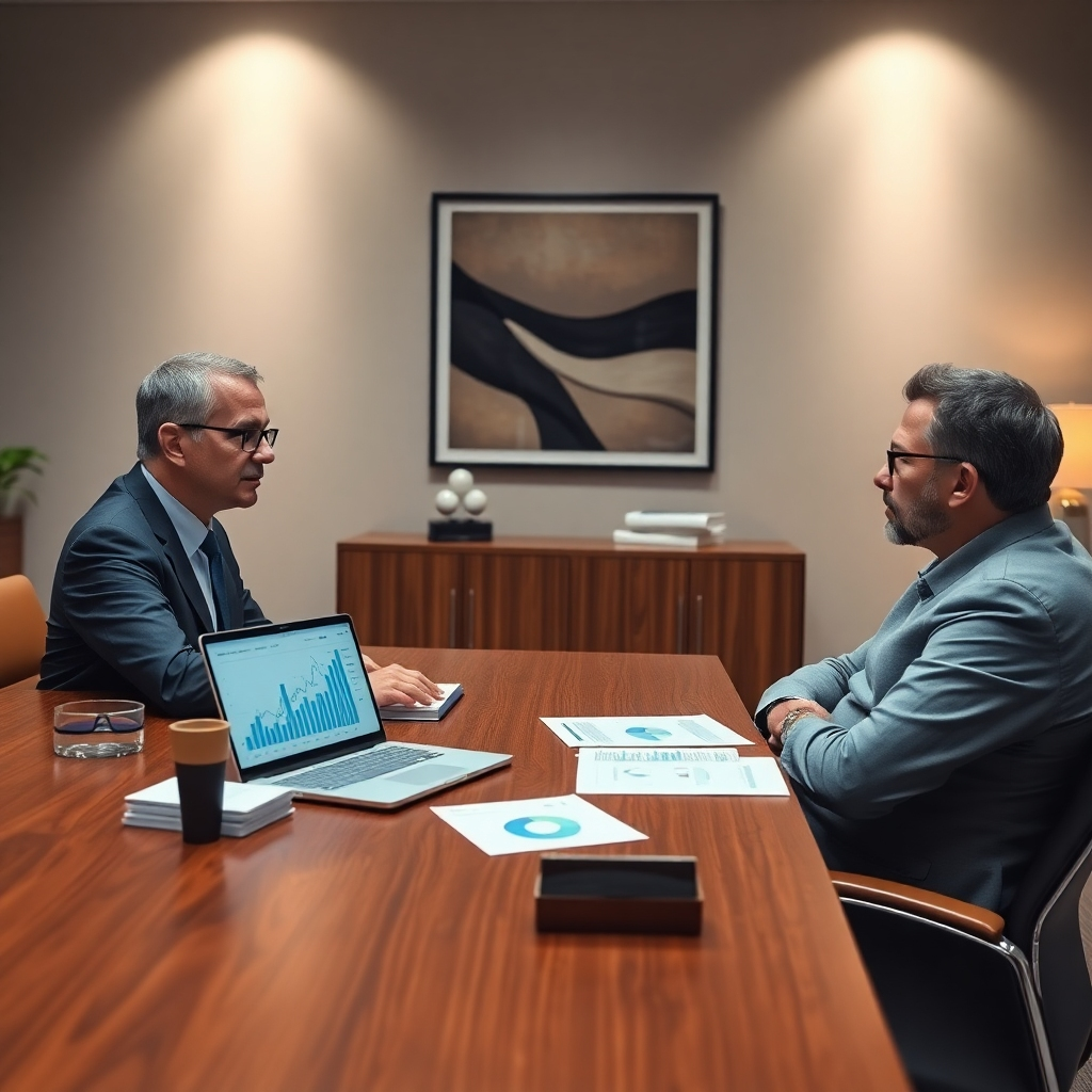 A photorealistic image, 8K resolution, hyperrealistic detail, soft diffused lighting, warm color palette evoking trust and security.  The scene depicts a modern, well-lit office. A confident accountant, Dan Moshe, is seated across a large desk from a client, both engaged in a discussion. The desk is clean and organized with a laptop displaying graphs and financial charts, a few neatly stacked accounting documents, and a tasteful pen holder.  The client is dressed in business casual attire, appearing relaxed yet attentive.  The office is tastefully decorated with modern artwork reflecting professionalism and success.  Camera angle is slightly high, from a perspective of a person observing the meeting.  The focus is sharp on Dan Moshe and the client, slightly blurring the background. The materials are high-quality wood for the desk, soft leather for the chairs, smooth textures of paper and digital screens. In the style of a corporate portrait photographer like Annie Leibovitz.