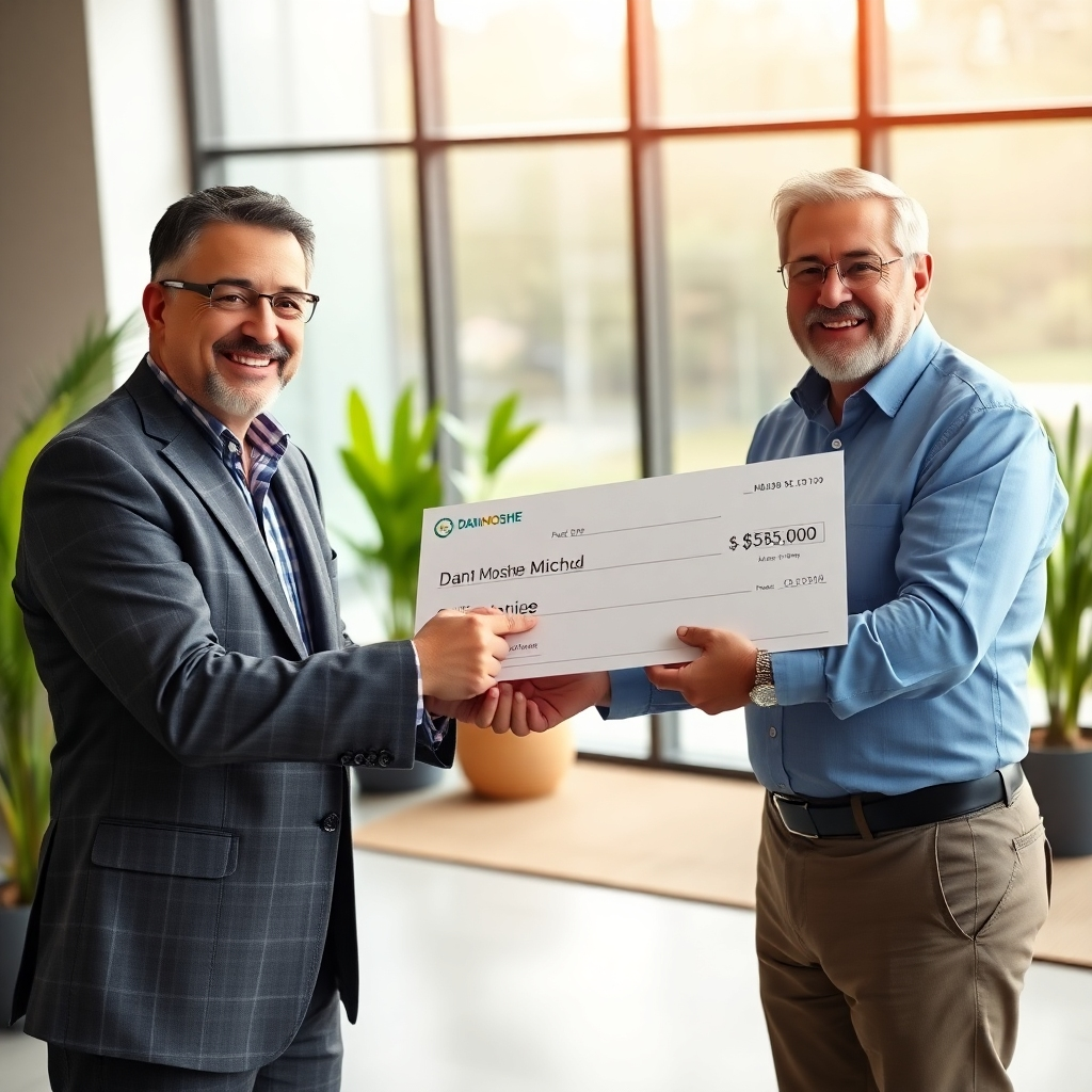 A photorealistic image, 8K resolution, hyperrealistic rendering, soft natural light from a large window. The color palette is warm and inviting, with a feeling of relief and satisfaction.  The image shows Dan Moshe handing a large check to a happy client in a casual yet professional setting.  The background features a modern office with plants and natural light. The focus is on the interaction between Dan Moshe and the client, highlighting their positive connection.  Dan Moshe is wearing a suit that projects confidence and professionalism. The client is smiling broadly, expressing relief and happiness.  The check is clearly visible and prominently displayed.  The camera angle is eye-level, creating a connection between the viewer and the characters.  The textures of the suit, the check, and the client's hair should be meticulously detailed.  The style should be similar to heartwarming family photography, aiming to communicate trust and success. The image should portray the feeling of receiving unexpected good news.