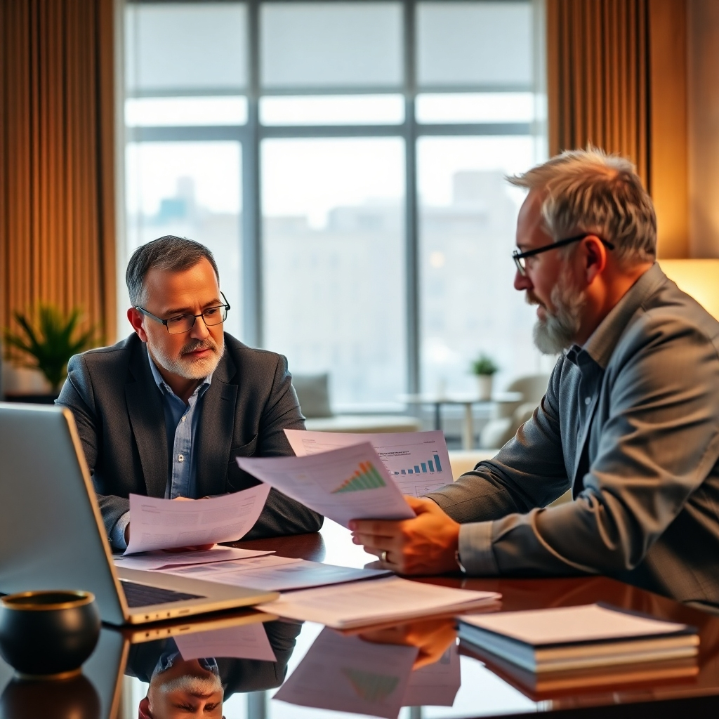 A photorealistic image depicting a meeting between Dan Moshe and a business owner. They are reviewing financial documents, with a laptop displaying charts and graphs illustrating tax optimization strategies. The setting should be a modern, professional office, with a warm and inviting atmosphere. The image should convey collaboration and trust.