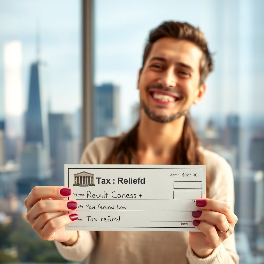 A photorealistic image depicting a happy person receiving a tax refund check. The background should be a slightly blurred image of a modern city skyline, symbolizing success and financial freedom. Focus on positive emotions and the feeling of relief. Use warm, inviting lighting and a color palette that conveys financial security and happiness.
