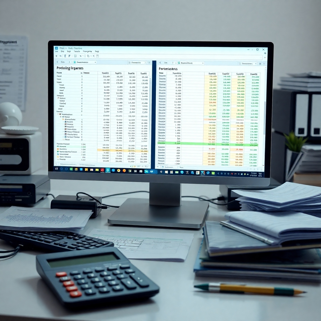  A photorealistic image of a clean and organized workspace, with a computer screen displaying financial spreadsheets, a calculator and neatly organized paperwork. The overall mood should be professional, calm, and efficient, highlighting accuracy and orderliness.