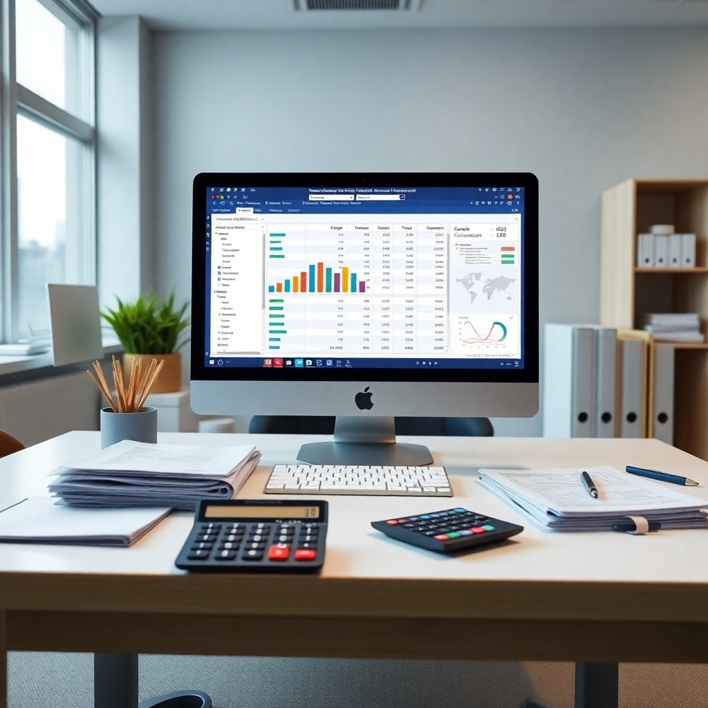 A photorealistic image of a clean and organized office desk with a computer displaying accounting software, organized files, a calculator, and a pen. The image should convey efficiency and accuracy, with a subtle professional background suggesting a successful business. The overall lighting and style should be clean and modern.