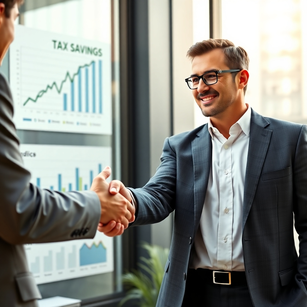 A photorealistic image of a confident businessman shaking hands with a financial advisor, with charts and graphs showing tax savings in the background. The scene should be bright and professional, conveying trust and success. The businessman should be wearing a suit and the advisor should be wearing business casual attire. The overall mood should be positive and optimistic.
