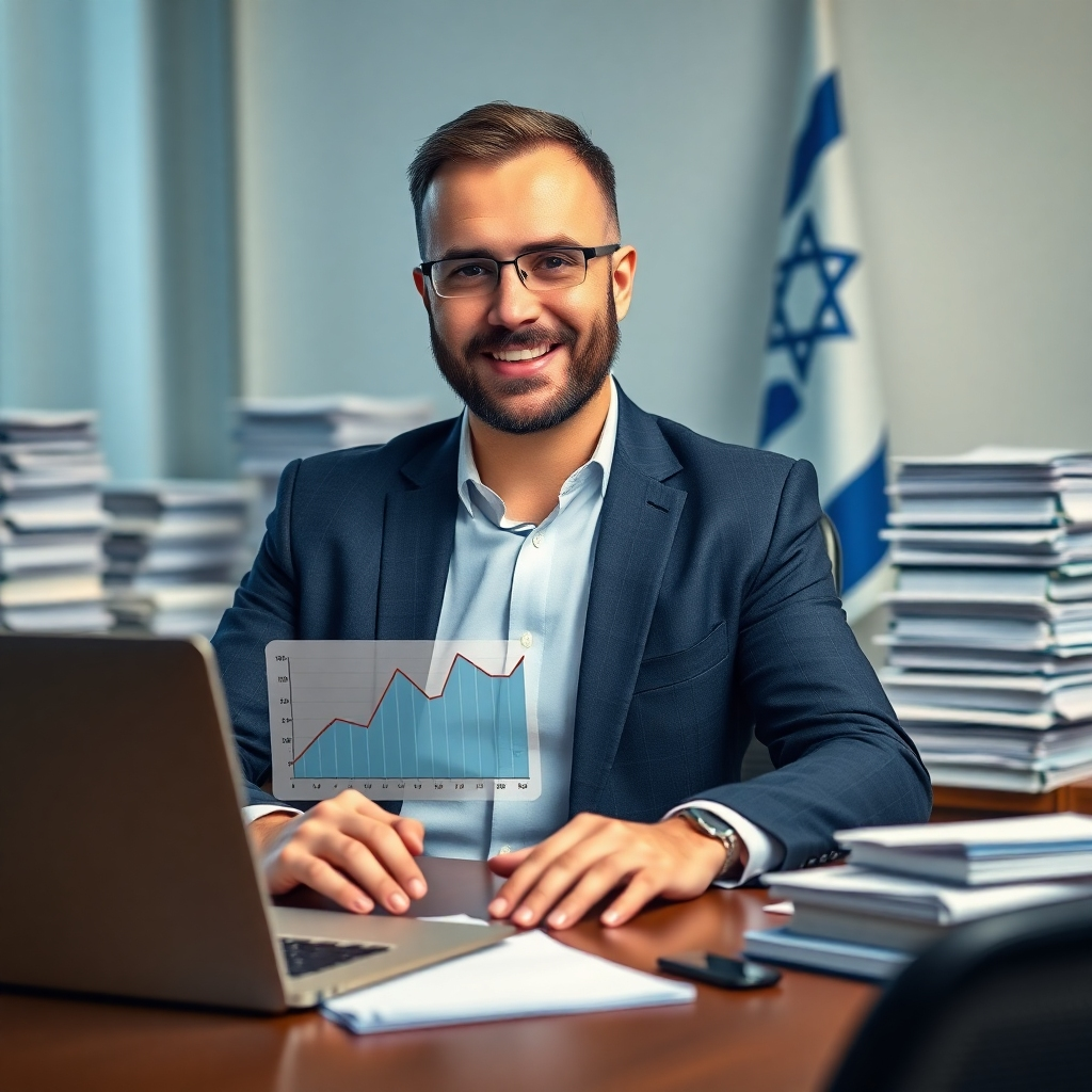 A photorealistic image of a confident accountant, Dan Moshe, sitting at a desk with a laptop displaying a graph showing a downward trend in tax penalties. The office should be modern and well-lit, conveying professionalism and trust. In the background, partially blurred, should be stacks of organized financial documents and a subtle Israeli flag.