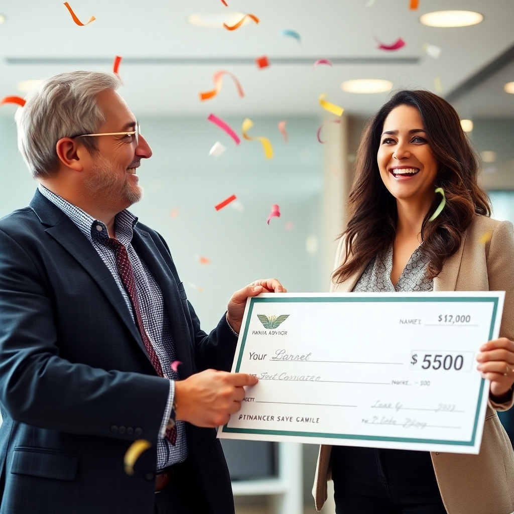 A photorealistic image of a happy client receiving a large check from a financial advisor, with celebratory confetti in the air. The scene should be bright and cheerful, with a feeling of success and relief. The check should prominently display a significant amount, and the client and advisor should both look happy and satisfied. The background should be professional but celebratory.