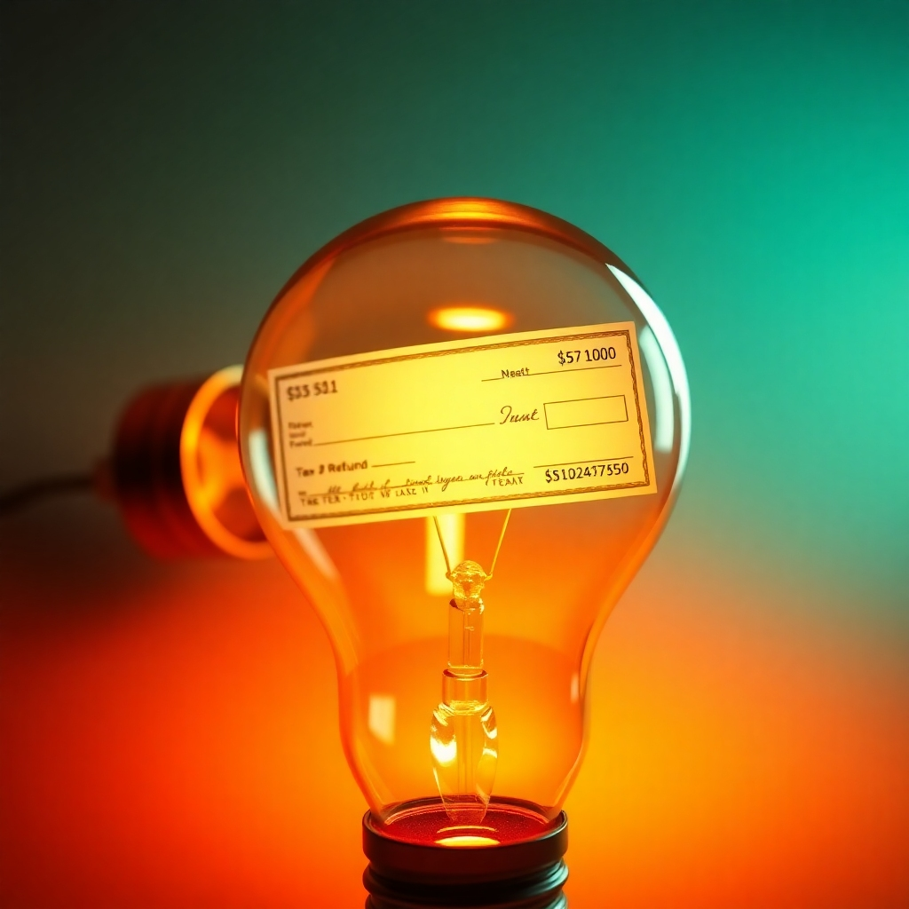 A photorealistic image of a lightbulb with a tax refund check inside, representing innovative tax solutions.  Use warm, inviting colors.