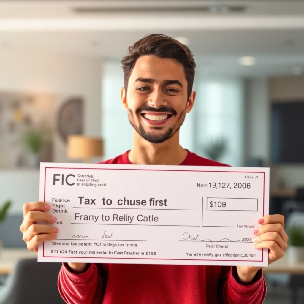  A photorealistic image of a person smiling while holding a large tax refund check. The background is a slightly blurred image of a modern office. High-quality lighting, warm colors, focus on the happy expression. The image should project feelings of relief and success.