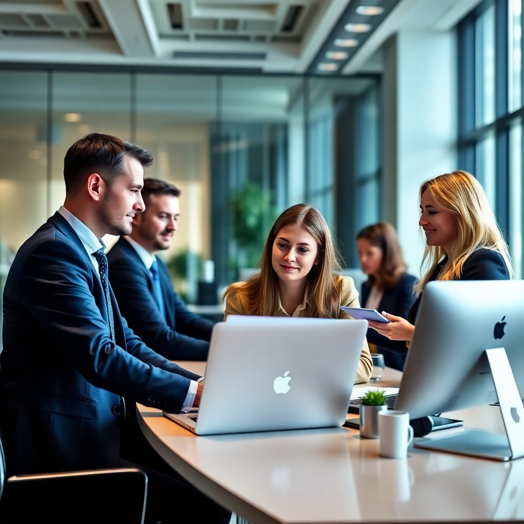  A photorealistic image of a team of tax professionals working together in a modern office. Focus on the collaborative atmosphere and professionalism. Use a color palette of deep blues and greens to evoke trust.