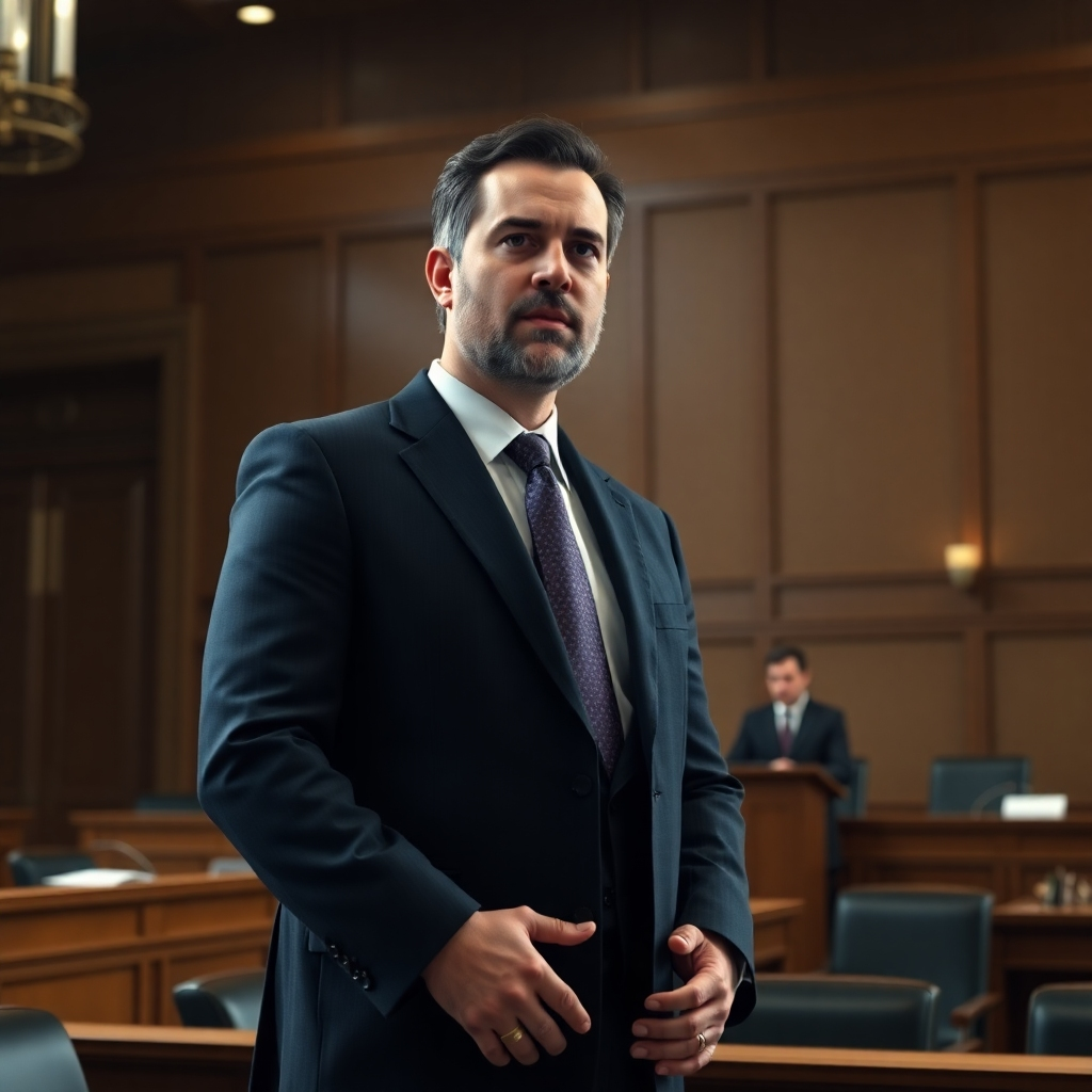 A photorealistic image of Dan Moshe standing confidently in a courtroom, addressing a judge. The courtroom should be depicted in a realistic manner, with subtle details highlighting the legal context. The image should subtly convey a sense of confidence and success without being overly dramatic.