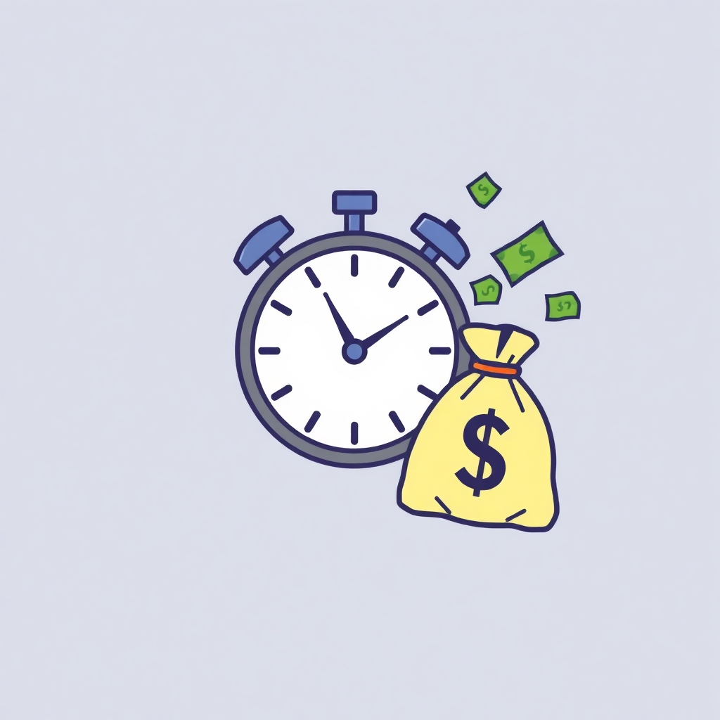  A stylized image of a clock and money bags disappearing, signifying time and money saved. Use bright, clean colors and sharp lines. The style should be modern and minimalist.