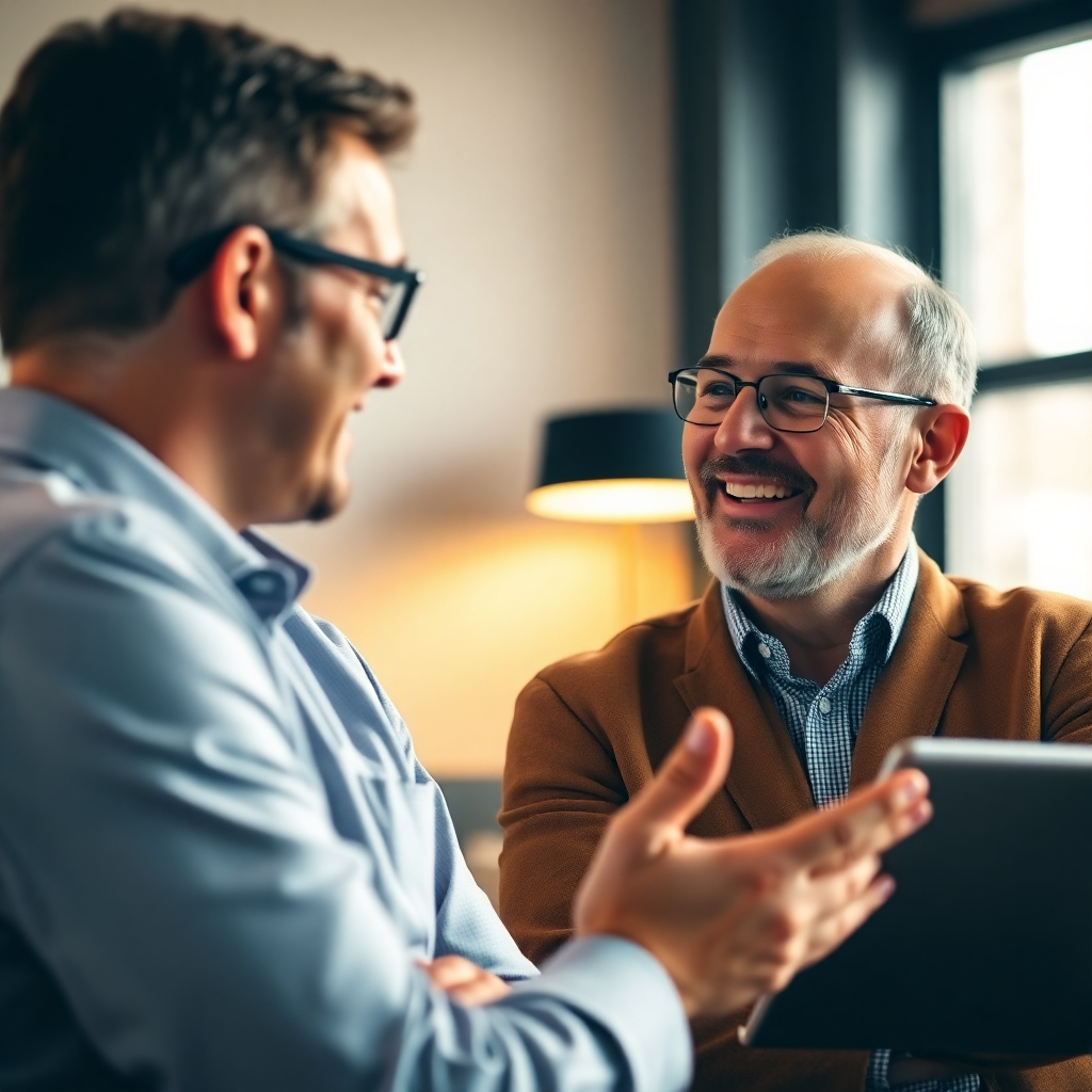 An image of a tax professional having a positive discussion with a client.  Focus on the personal connection, with warm lighting and genuine expressions.