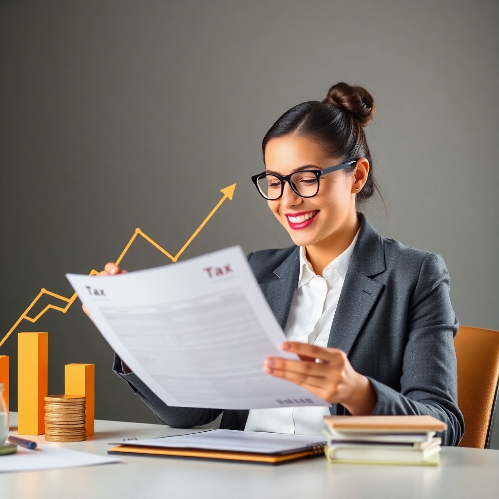 An image representing self-employed individuals' financial success, potentially showing graphs that grow in a positive direction, possibly with an image of a business owner happily checking a tax document.  Include subtle elements associated with self-employment to create relevance.  Use a color palette that speaks of efficiency and business growth.