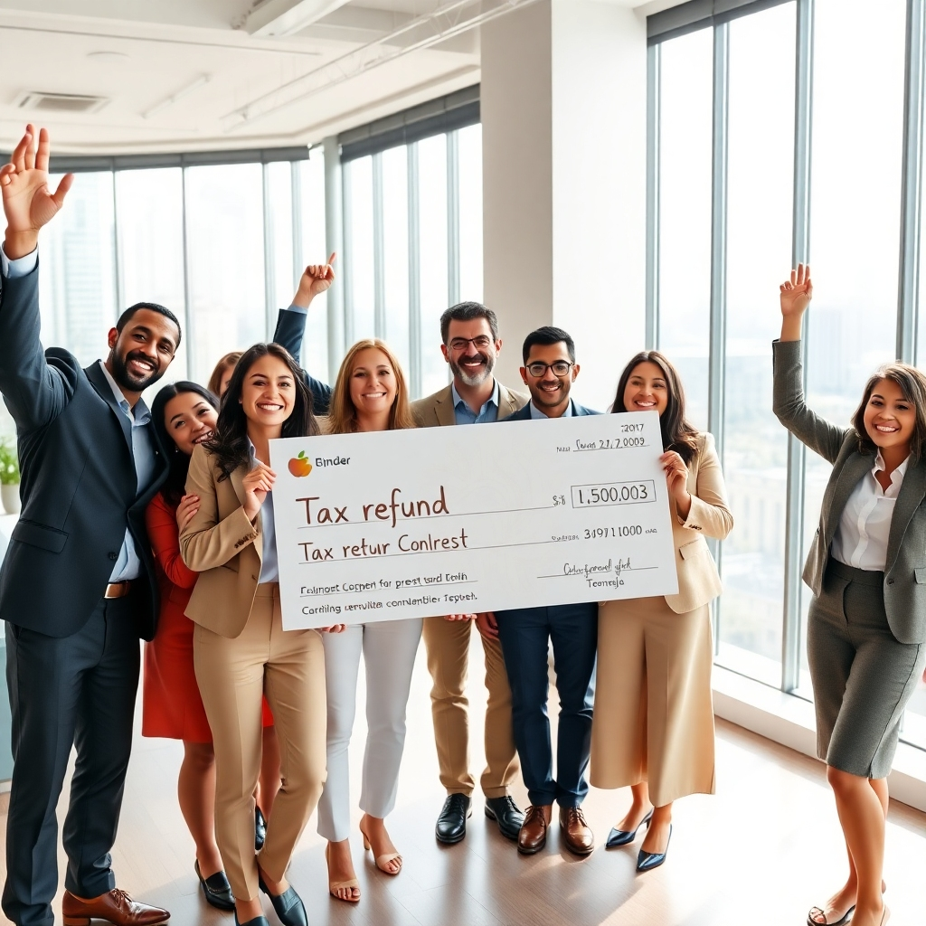 Create a photorealistic, ultra-high quality 8K resolution image for the hero section of a tax return website. The image should depict a diverse group of happy people, celebrating receiving a large tax refund check. They are dressed in business casual attire.  The setting is a modern, bright office space with large windows and natural light.  The color palette is warm and inviting, with pops of color from the check.  The composition is balanced, with the people naturally grouped in the foreground and the cityscape visible through the windows in the background. The camera angle is slightly high, giving a commanding view. The focus is sharp, and the textures are highly detailed, creating a hyperrealistic look. The image should convey trust, professionalism, and financial success.  The check should be prominently displayed, with the amount clearly visible (but not overly emphasized).  Reference images: modern office space photography, successful business people celebrating, tax return documents. Style references: Apple product photography.