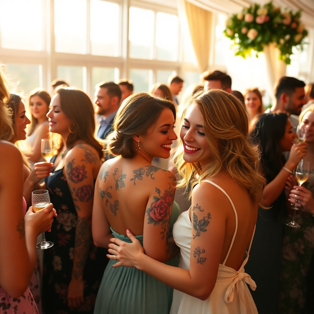 Generate a photorealistic, ultra-high quality header image (8K resolution, hyperrealistic style) for a temporary tattoo business called 'Tattoo Story'. The image should feature a diverse group of people (ages 20-50, various ethnicities and body types) joyfully interacting at a vibrant summer wedding reception.  The focus should be on several people showcasing beautiful, intricately designed temporary tattoos related to the wedding theme (e.g., floral patterns, minimalist illustrations, personalized lettering).  The lighting should be warm, golden hour sunlight streaming through large windows, creating soft shadows and a celebratory ambiance. The color palette should be bright, cheerful, and elegant, with pastel colors complementing rich jewel tones.  The camera angle should be a slightly elevated, wide shot, capturing the overall festive atmosphere and interactions between the guests. Tattoos should have a soft, slightly glossy texture, appearing as if they've been expertly applied. The background should depict a tastefully decorated wedding reception venue with soft, elegant fabrics and flowers. Relevant props could include champagne flutes, confetti, and subtly visible wedding decorations.  The overall mood should convey happiness, celebration, and unforgettable moments. The style should reference high-end fashion photography and advertising campaigns, aiming for a sophisticated yet playful look.  Ensure a shallow depth of field to draw attention to the tattoos and the people's expressions., ultra high resolution, photorealistic, 8K, hyperdetailed, cinematic lighting