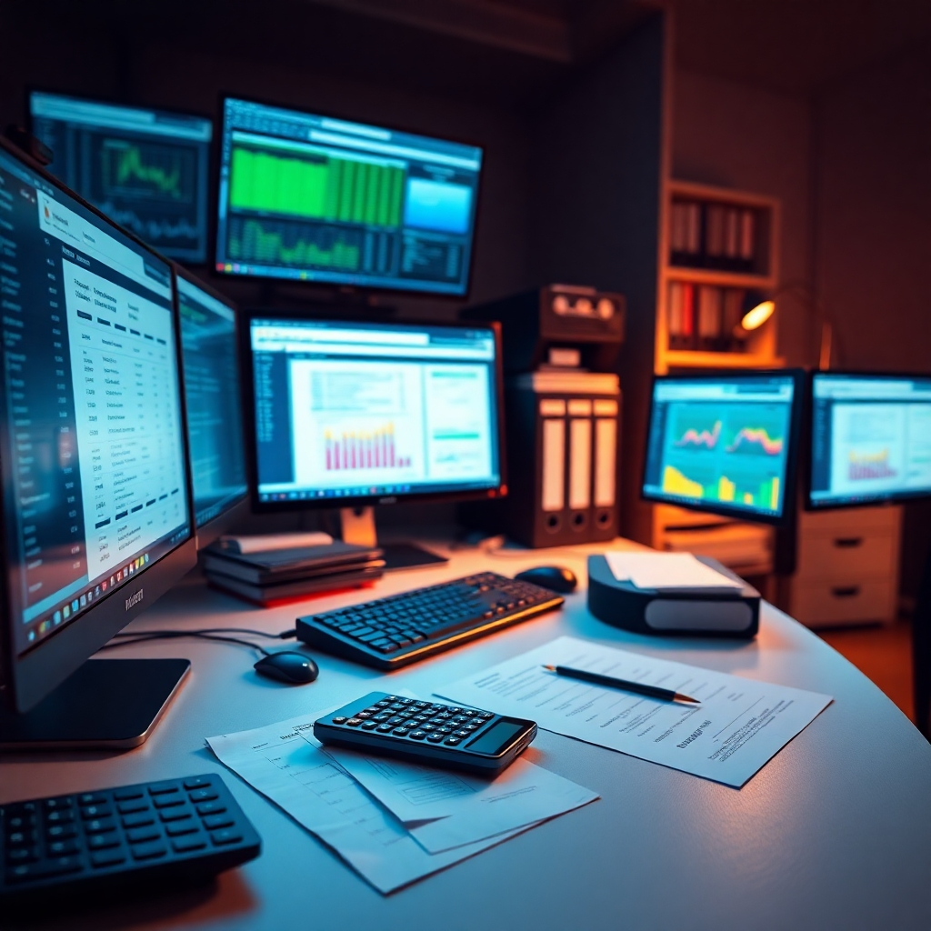 Photorealistic image, ultra-high quality, 8K resolution, dramatic side lighting that creates depth and shadows. Cool color palette with subtle warm highlights, creating a mood of efficiency and precision. The scene showcases a clean and organized accounting workstation, meticulously arranged with various accounting software interfaces visible on multiple screens. A well-organized filing system with color-coded folders is partially visible.  The image focuses on the detailed work, capturing the texture of the keyboard, mouse, and papers.  A calculator and several financial documents are neatly placed on the desk. Camera angle is from a slightly lower perspective, looking upward at the workstation.  The image reflects a high level of detail and organization, suggesting accuracy and professionalism. The overall style should be similar to high-end product photography emphasizing functionality and efficiency.  The textures of the materials should be perfectly rendered, from the smooth glass of the screens to the slightly rough texture of the paper.