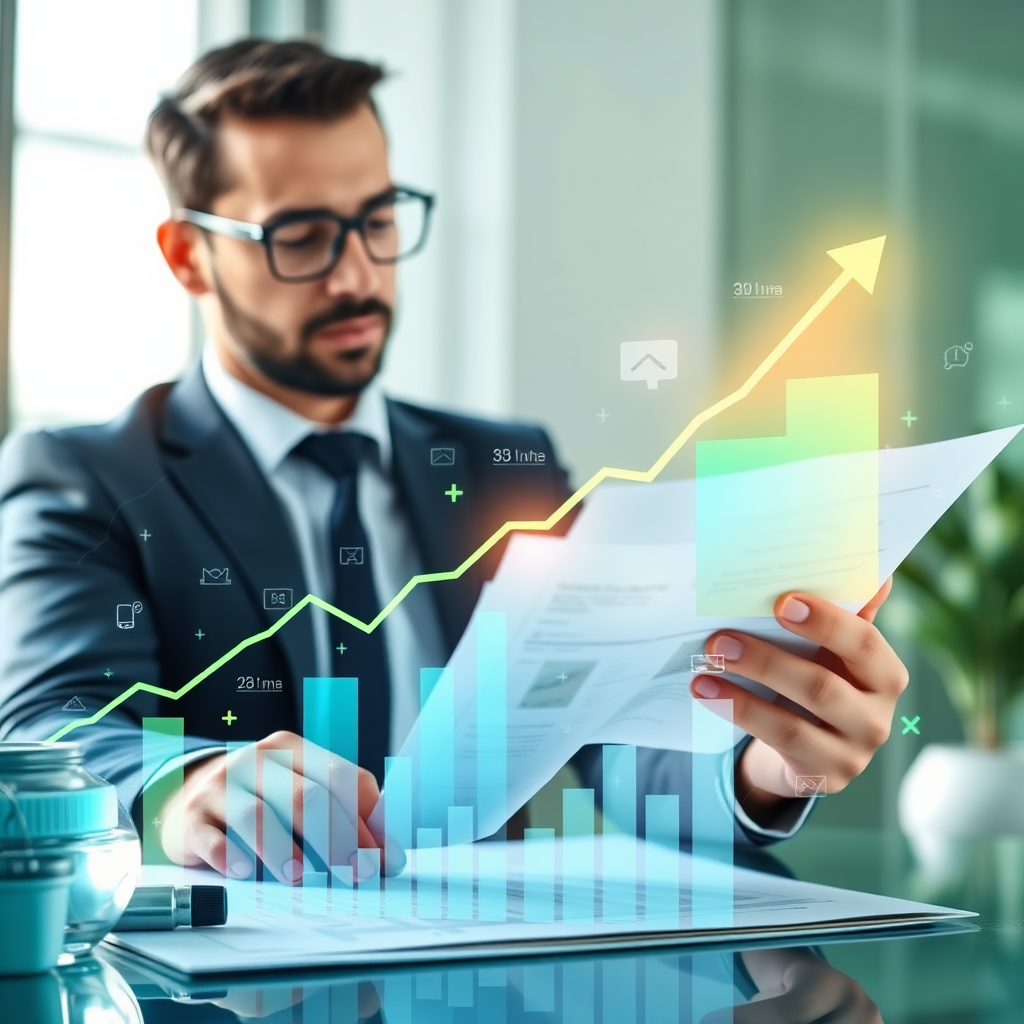 A captivating image visualizing financial growth linked to AI-generated video marketing. The composition includes a professional analyzing a report with rising graphs and charts overlaid with video content elements. The colors blend shades of green and blue to symbolize growth and trust, while the overall setting feels professional yet dynamic. Bright lighting enhances the clarity of the visuals, reinforcing the concept of maximizing ROI through smart technology.