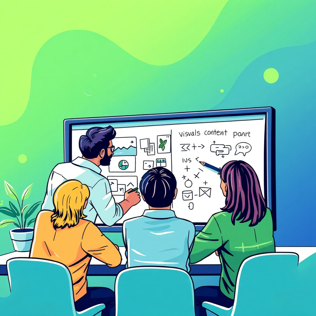 A dynamic image depicting a collaborative team creating customized marketing strategies. Illustrating individuals discussing visuals on a large screen while sketching ideas on a whiteboard. The color palette is vibrant, filled with greens and blues to convey freshness and creativity. The image captures the excitement of crafting personalized content, paired with high-quality visuals that suggest professionalism and customer focus.