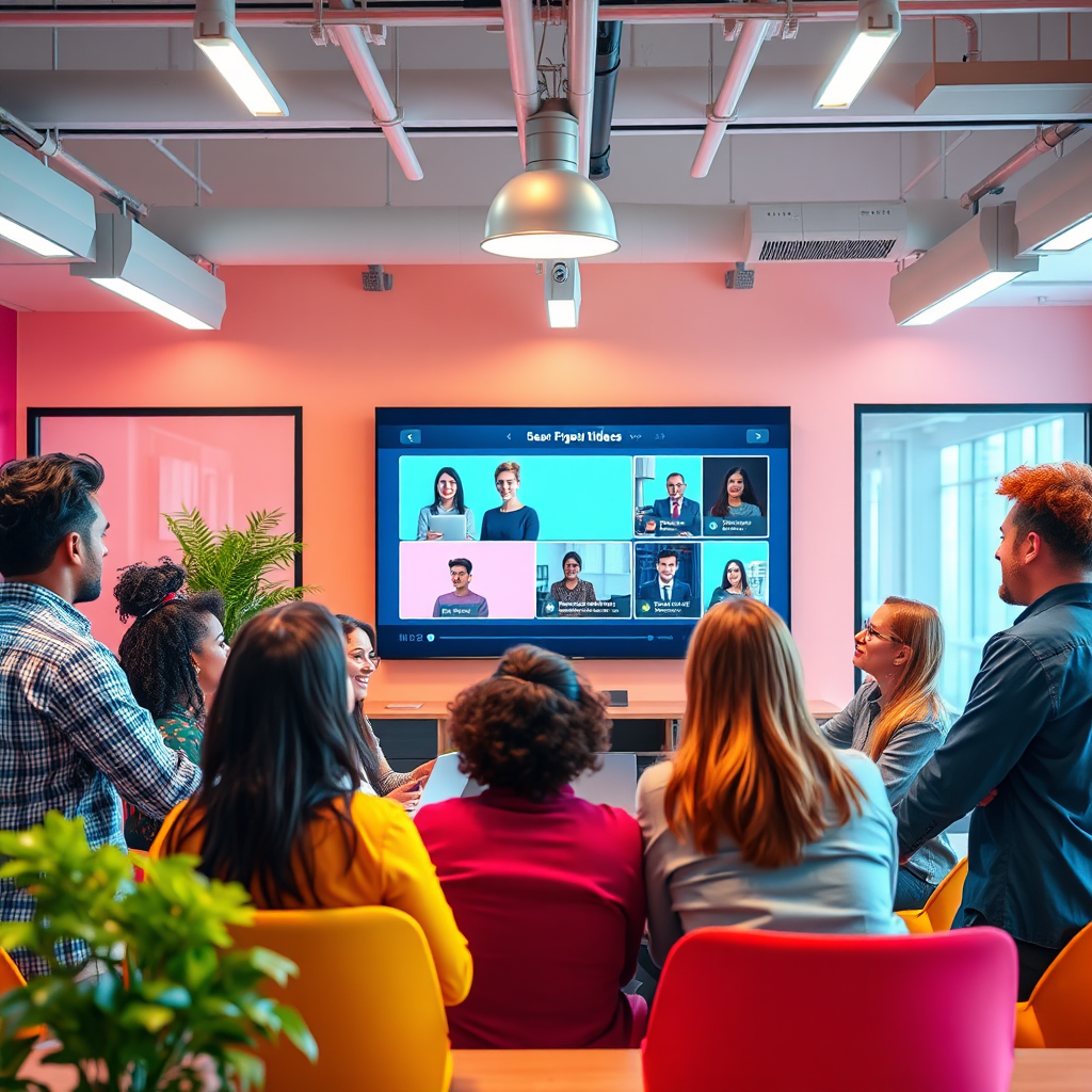 A dynamic image illustrating a diverse group of small business owners utilizing an AI video platform in a collaborative setting. The environment is vibrant and filled with color, embodying inclusivity and engagement. The central focus is on a large screen displaying user-friendly video templates, while people cheerfully discuss their ideas. The lighting is bright to reflect enthusiasm and motivation, creating a welcoming workspace for all.