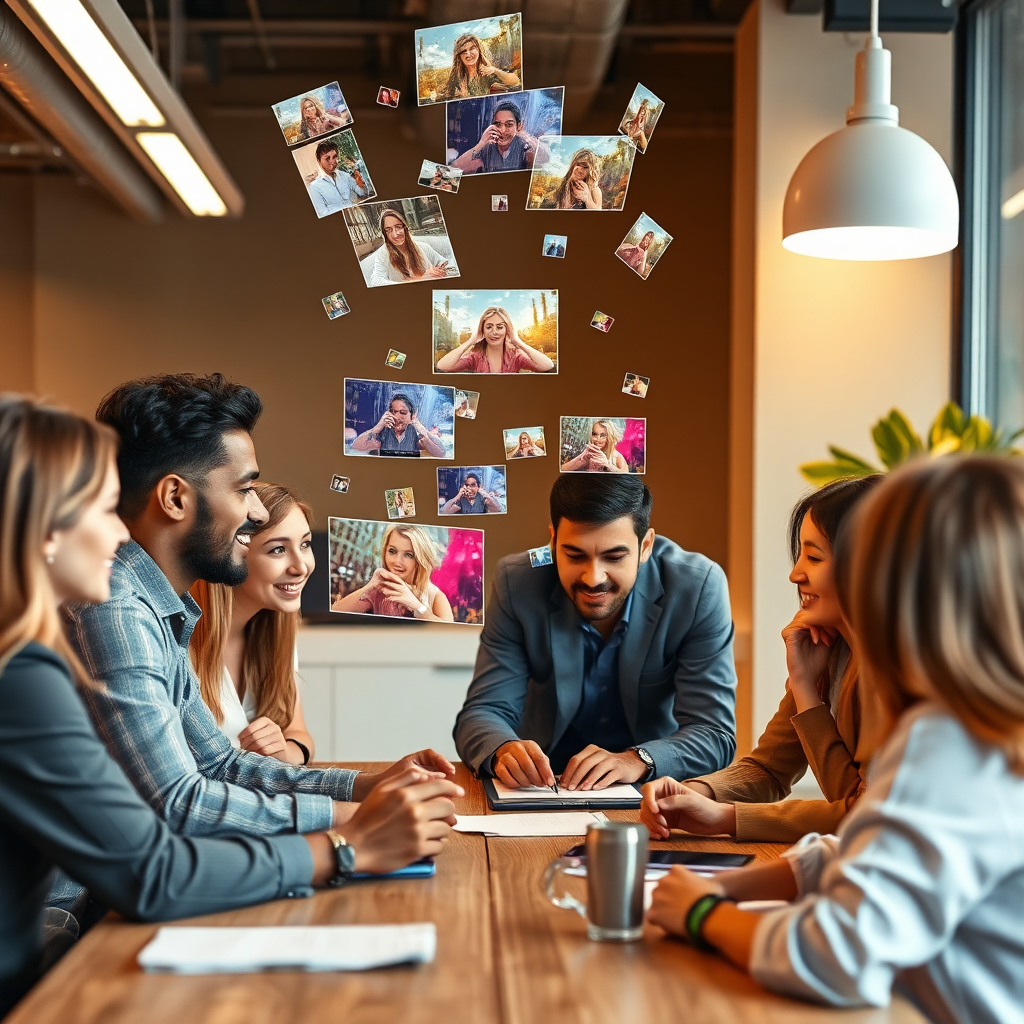 A dynamic image representing the empowerment of brands through engaging AI-generated video content. Featuring a diverse group of professionals brainstorming around a table, with visual overlays of colorful video snippets and animations floating above, symbolizing creativity and innovation. The lighting is warm and friendly, inviting collaboration, while the textures of the workspace enhance a modern atmosphere. This image illustrates the power of storytelling through AI in marketing.