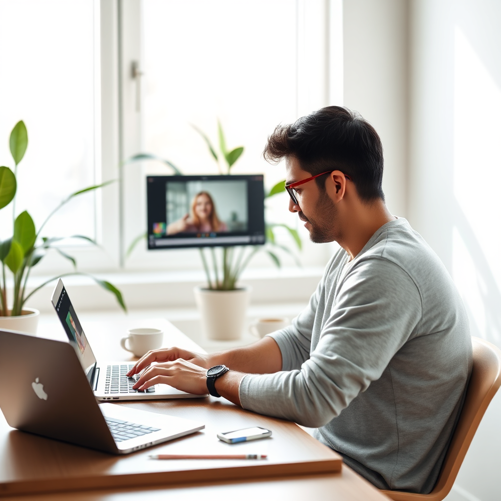 A photorealistic depiction of an individual seamlessly creating a video on a laptop, using an AI-powered tool. The backdrop features a cozy, minimalistic office with a potted plant and coffee cup, emphasizing a relaxing and hassle-free atmosphere. Soft natural light filters through a window, casting gentle shadows and highlighting the user's focus on creativity without traditional gear. The image conveys the simplicity of modern technology in video production.