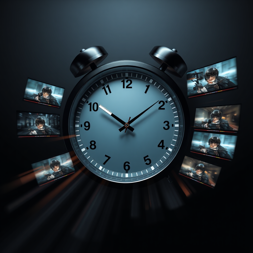 A photorealistic image depicting a clock with fast-moving hands, surrounded by clips and screenshots of videos being edited in real-time. The image uses a sleek modern design, contrasting dark and light elements to highlight movement and speed. This concept visually represents the quick turnaround times offered by BizVidz Media. Specs: 4K resolution, crisp details.