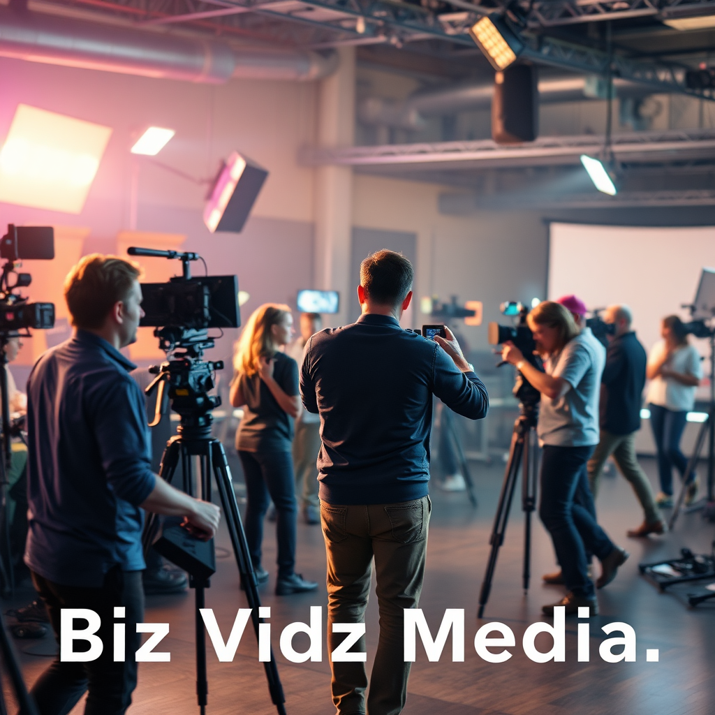 A photorealistic image featuring a busy video production set, with professionals coordinating in a fast-paced environment. The image captures movement and activity, complemented by lighting and color contrasts that inspire energy and creativity. This visual stresses the quick and flexible nature of BizVidz Media’s production capabilities. Specs: 4K resolution, dynamic and lively.