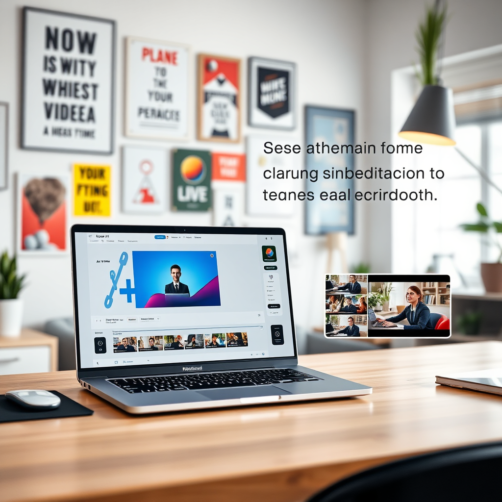 A photorealistic image highlighting the AI video production service. It features a sleek MacBook on a desk, displaying an AI tool generating a video in real-time. The vibrant backdrop features a modern home office environment filled with inspirational elements, such as motivational posters and plants. The increasing clarity in video thumbnails showcases the ease of production, against a soft-focus background. The crisp detail in this image reflects quality service delivery.