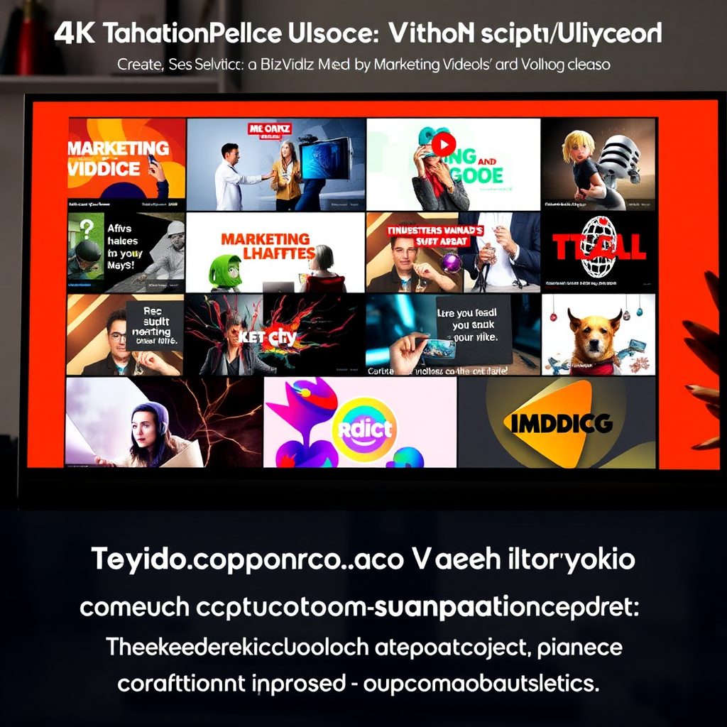 A photorealistic image illustrating diverse marketing video thumbnails from various industries displayed on a computer screen. Each thumbnail is creative and eye-catching, with a bright and varied color palette, underscoring the uniqueness of each project tailored by BizVidz Media. Specs: 4K resolution, colorful and engaging.