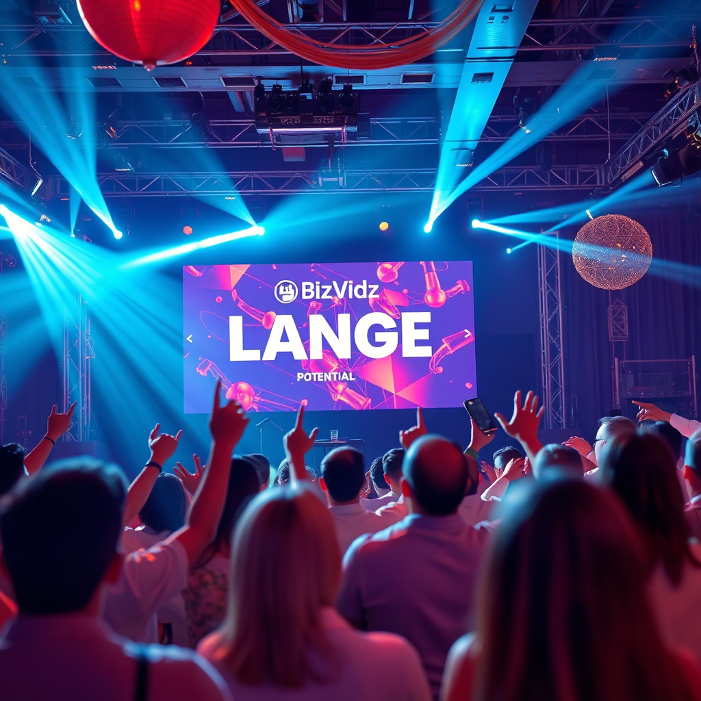 A photorealistic image illustrating a successful brand launch event, highlighting a large screen with a BizVidz Media video being showcased. High-energy lighting combined with vibrant decorations sets an exciting atmosphere, while guests engage actively. The image captures the enthusiasm surrounding the brand’s potential, with a dynamic perspective emphasizing the audience's focus on the screen. Specs: 4K resolution, sharp and engaging.