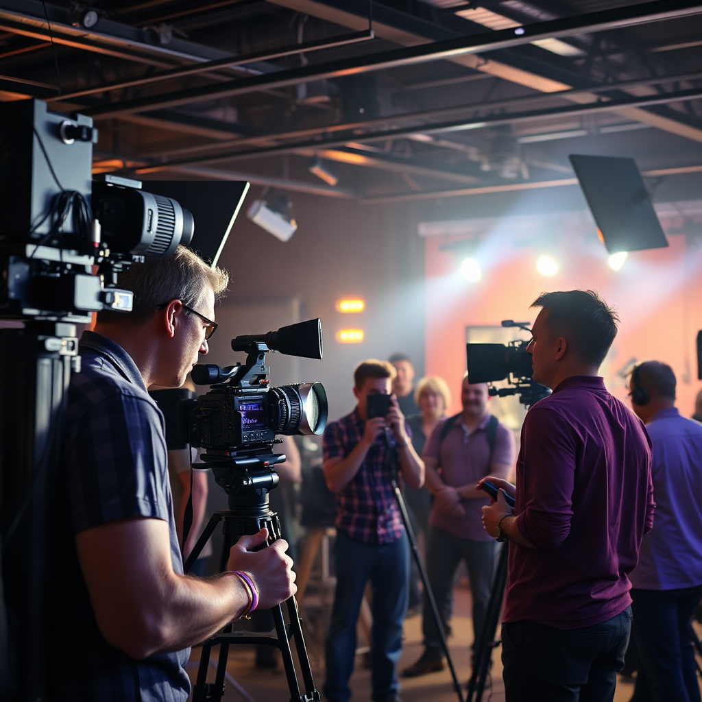 A photorealistic image of a film crew on set, capturing a scene with professional lighting and production equipment. The scene is vibrant and dynamic, showcasing teamwork and creativity, with a focus on the director guiding the process. This conveys the professional quality and dedication behind each production. Specs: 4K resolution, engaging.