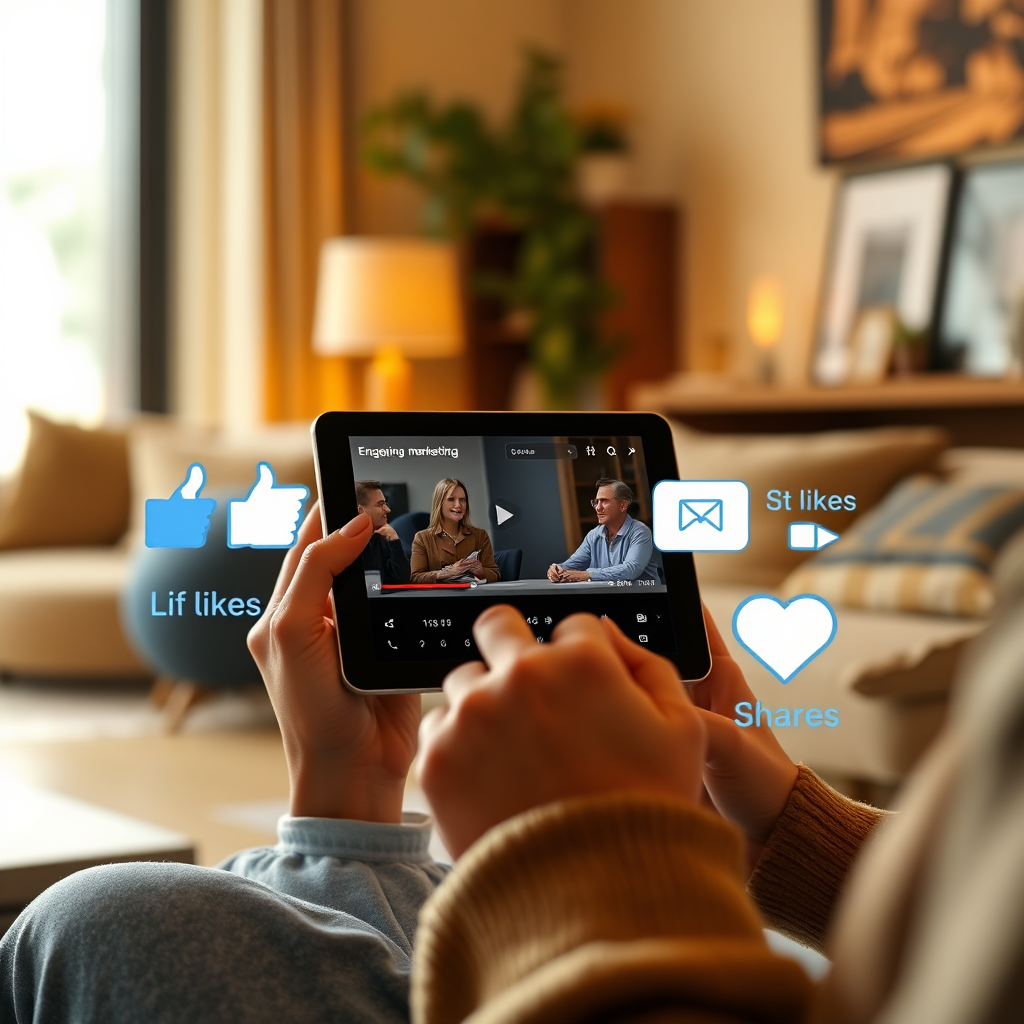 A photorealistic image of a person watching an engaging marketing video on a tablet, with animated graphics illustrating engagement metrics such as likes and shares. The warm lighting and cozy setting create a relatable and modern vibe, emphasizing the connection between compelling content and viewer retention. Specs: 4K resolution, inviting and eye-catching.